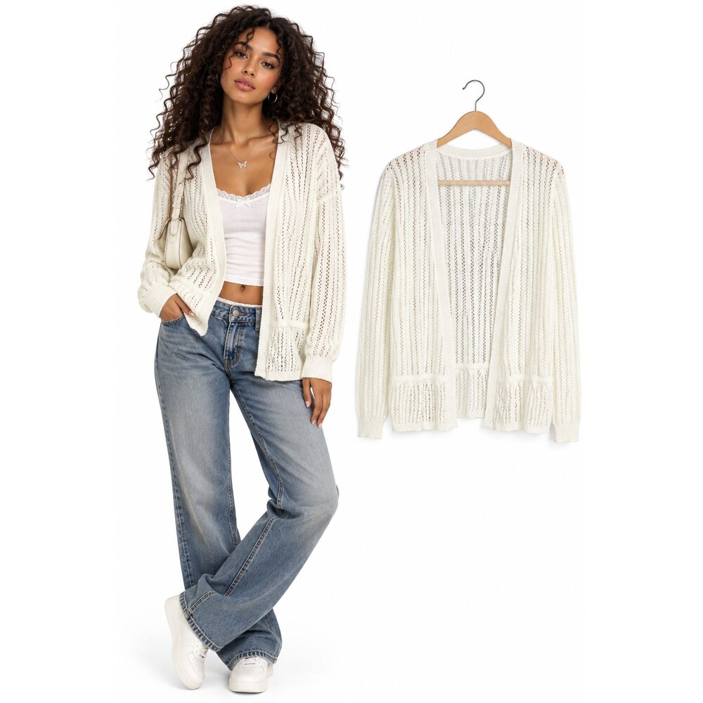 New Yesfashion Womens Cardigan Sweater Size XL Crochet Knit Long Sleeve Ivory